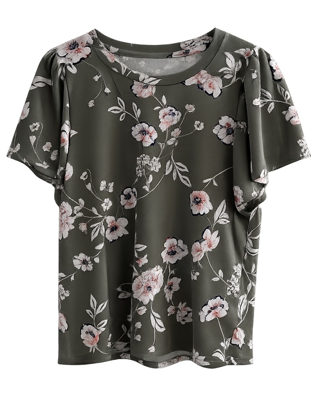 Women's Floral Short Sleeve Blouse - Olive Green